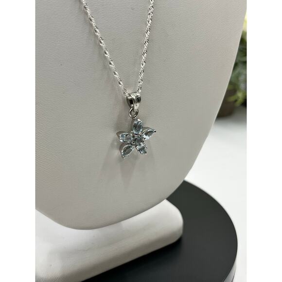 Blue Topaz Marquis Shaped Flower Pendant and Sterling Silver Singapore Chain 20” - Picture 4 of 9